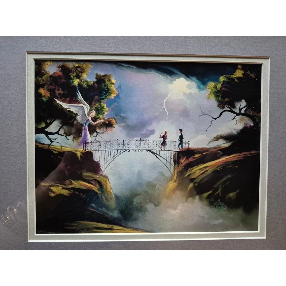 Vintage Vincent Fleming Angel Bridge Fantasy Art Prints Framed Pair 1995‎